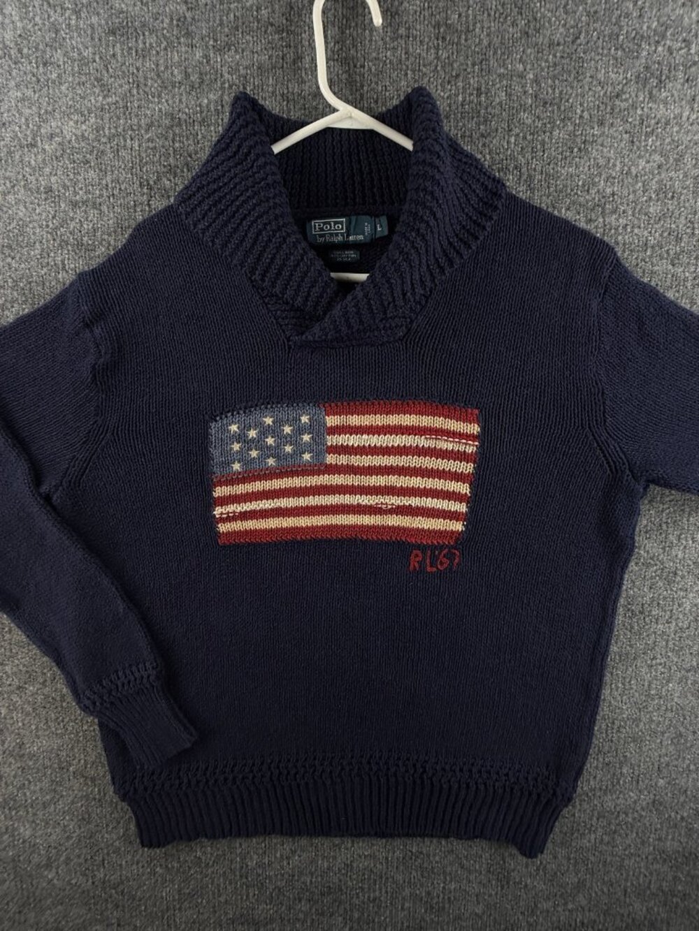 Polo Ralph Lauren USA Flag Large Linen Cotton Silk Graphic Men Shawl Neck Blue